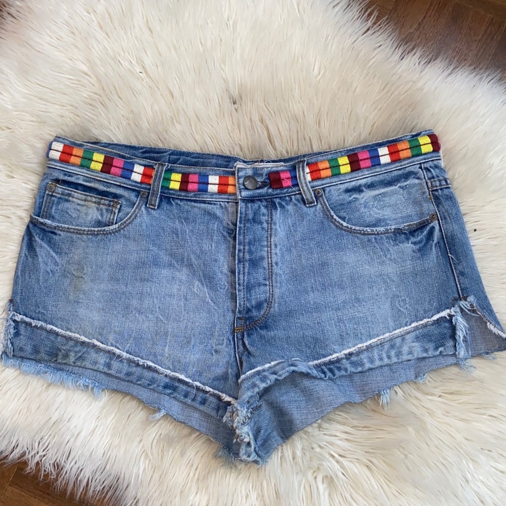 Free People Shorts Eliot Distressed Denim Rainbow Waist